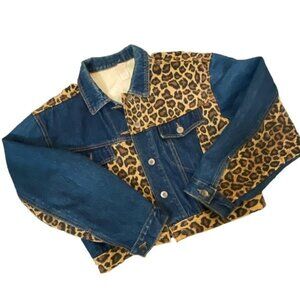 Vintage Boxy Leopard Print Denim Jacket